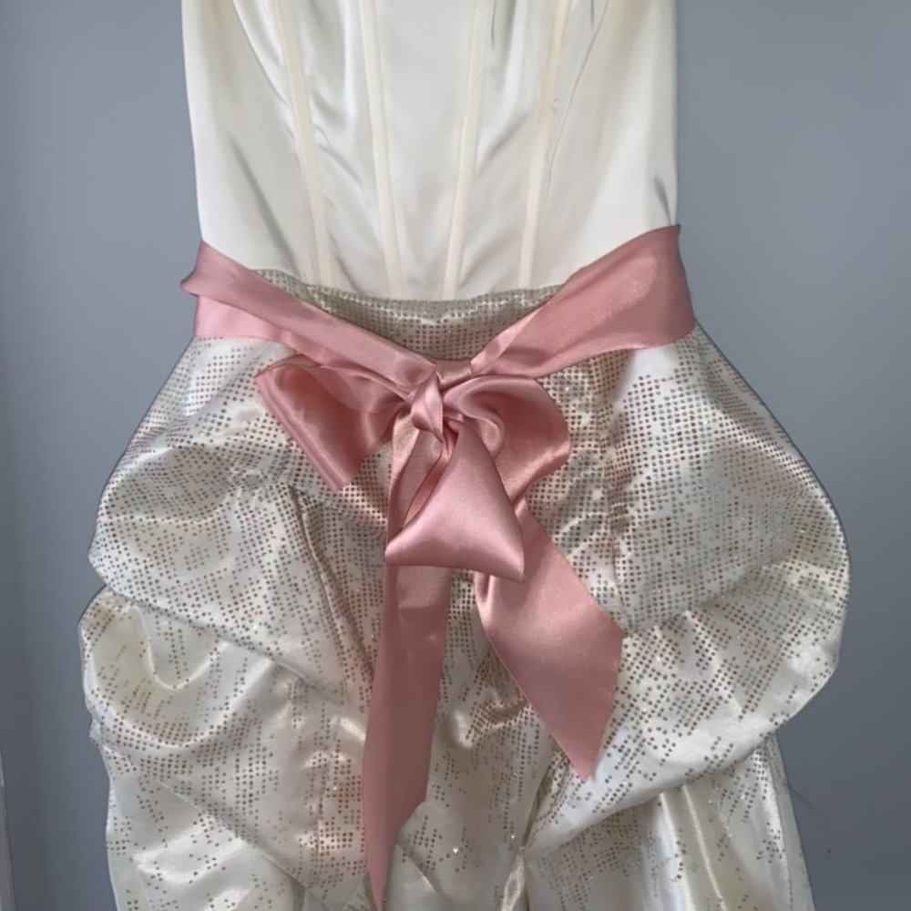 Jessica McClintock White & Pink Shimmery Short Formal Dress with Satin Pink Bow